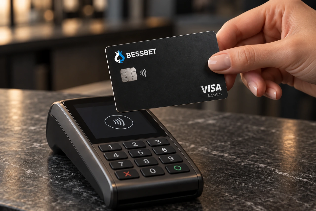 BessBet Visa card held above a payment terminal