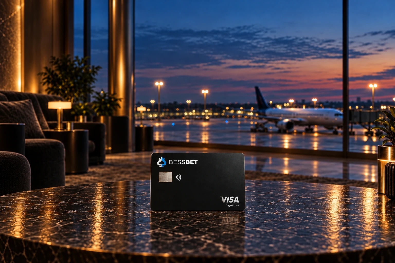 BessBet Visa card in an airport lounge overlooking the runway at dusk