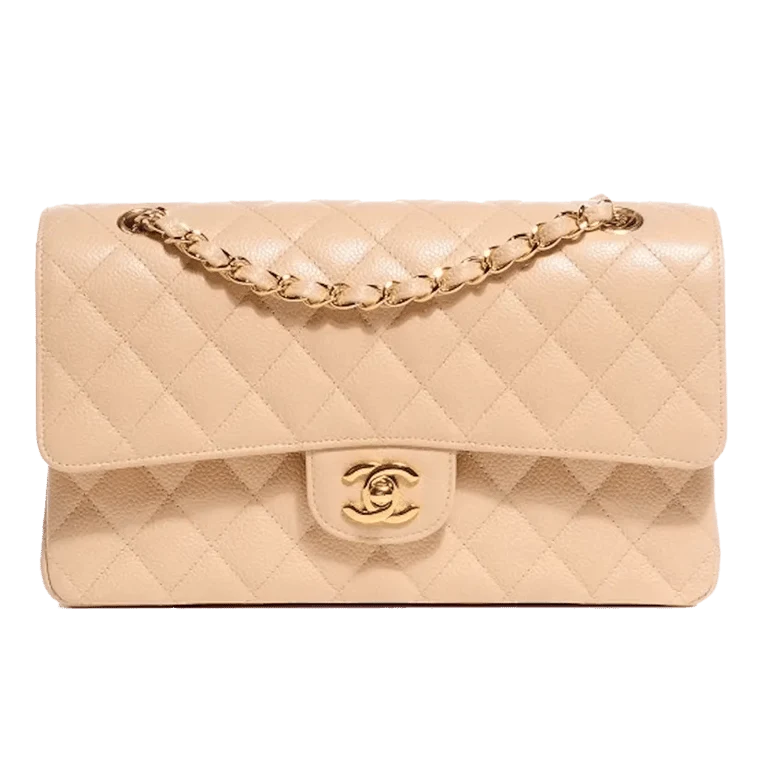 Chanel · Chanel Classic Double Flap Quilted Caviar Gold-tone Medium Beige Clair