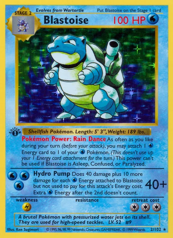 1999 Pokémon Base Set Unlimited Blastoise #2/102 holo, PSA 10
